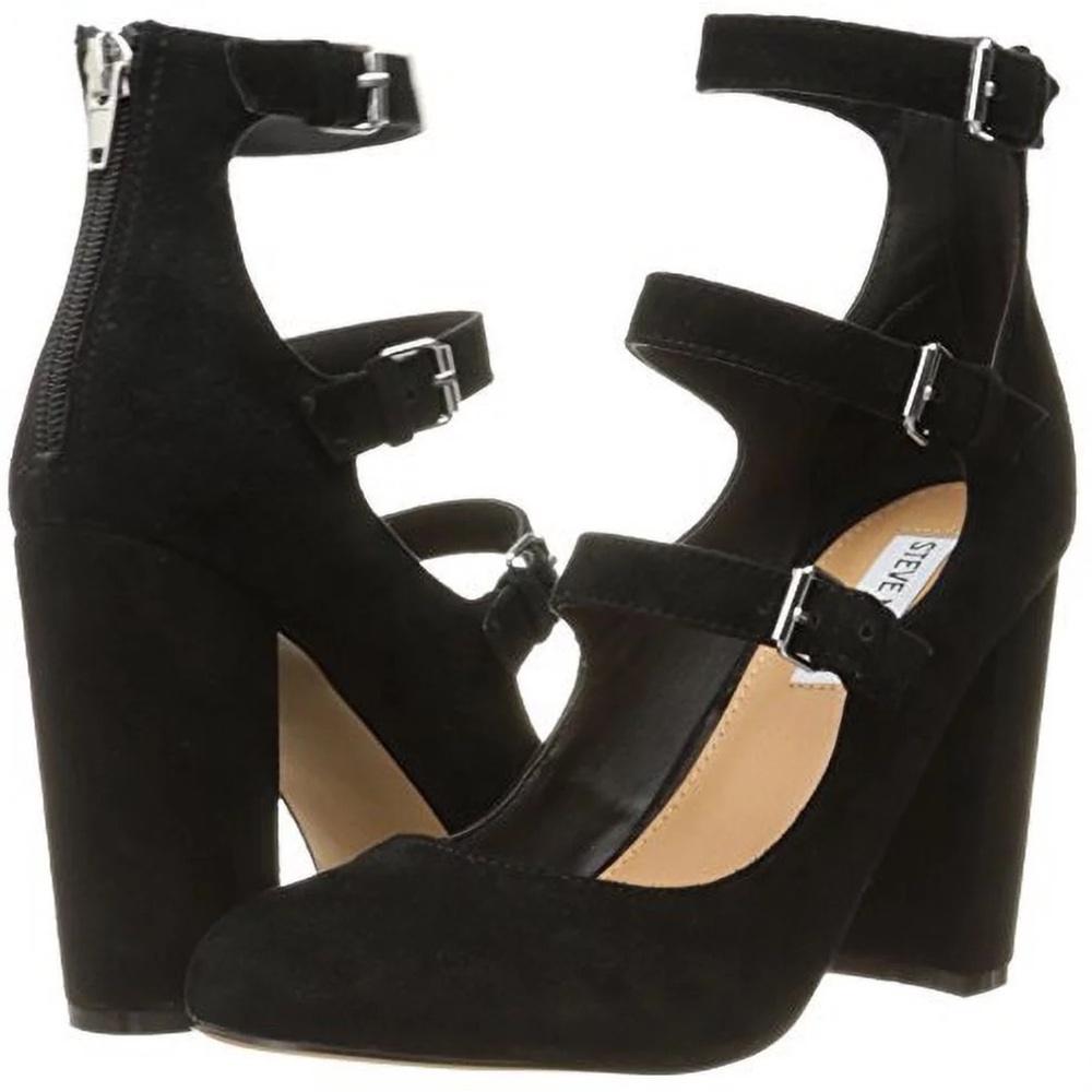 Steve Madden Black Suede Multi-Strap Block Heel Pumps